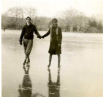 Comly Bird Richie and Emma Perry Brown, Class of 1925, skating on lake in 1924